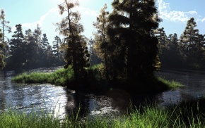 3D, nature, grass, forest, river