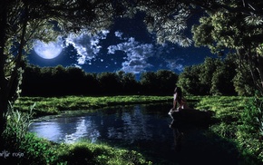 night, girls, moon, forest