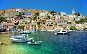 houses, boats, sea, cities, Greece
