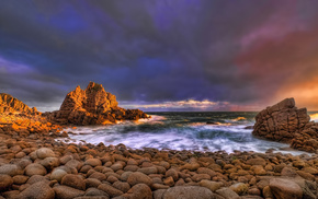 evening, sunset, ocean, rocks, sky