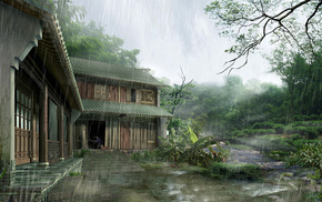 rain, jungle, summer, house