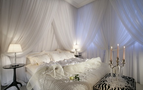 white, bed, candles, design