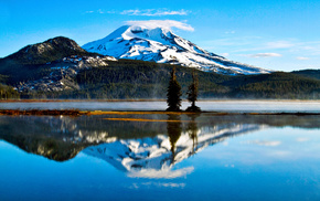 reflection, lake, forest, sky, clouds