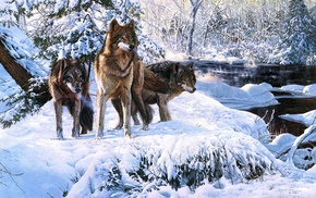 animals, forest, winter, river, art