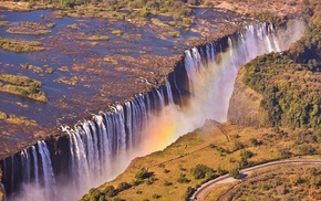 rainbow, nature, waterfall, road