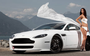 girl, cars, white, Aston Martin