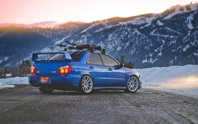 snow, cars, mountain, Subaru, evening