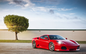 red, tree, clouds, sky, cars