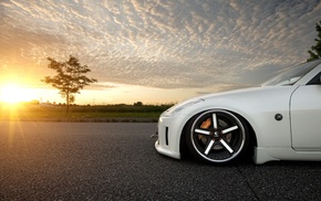 cars, white, Nissan, Sun, sunset