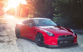 trees, cars, red, evening, Nissan