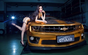 girl, cars, garage, thigh-highs, automobile