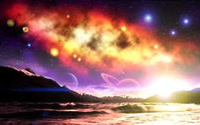 fantasy, stars, space, planets, mountain