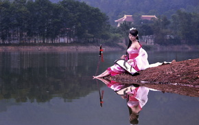 girl, music, lake, gun