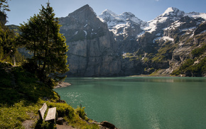 lake, trees, Switzerland, nature, bench