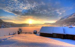 houses, winter, field, sunset