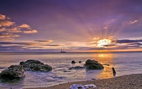 landscape, sunset, ship, nature, sea