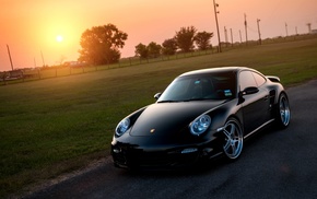 Sun, black, cars, Porsche