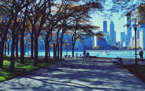cities, Chicago, autumn, skyscrapers, people