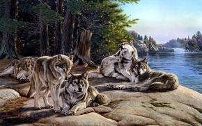 animals, forest, rocks, painting