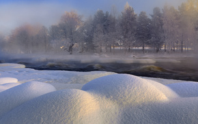 winter, trees, snow, nature, river