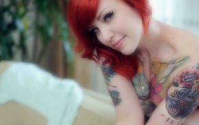 girl, smiling, red hair, girls, tattoo