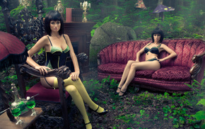 girls, couch, greenery