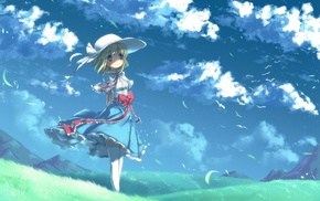 sky, field, birds, clouds, landscape, anime girls