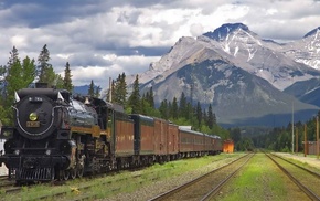steam locomotive, Canada, train, mountain, Alberta National Park, railway