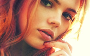 multiple display, green eyes, redhead, lips, face, Sunny