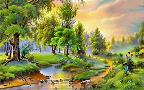 painting, river, landscape, stunner
