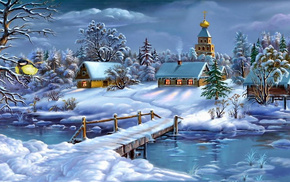 bridge, snow, winter, river