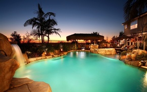 swimming pool, house, stones, waterfall