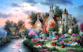 house, sky, river, flowers, stunner