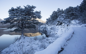 river, winter, road