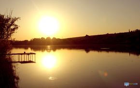 trees, nature, sunset, lake, Sun