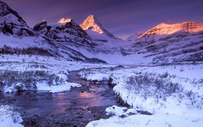 winter, sunset, nature, river, mountain