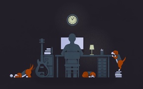 desk, computer, simple, dog, books, clocks