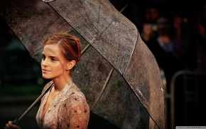 actress, girl, Emma Watson, brunette, cleavage, umbrella