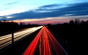 light trails, cityscape, road, lights