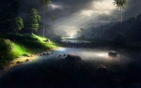 mountain, landscape, trees, river, sky