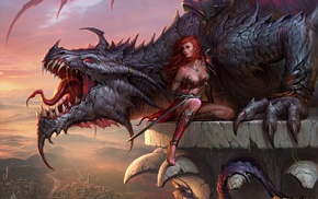 dragon, fantasy art, sword, girl