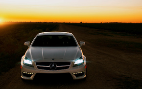 road, cars, Mercedes, sunset