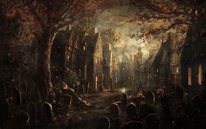 village, fall, Halloween, leaves, pumpkin, tombstones
