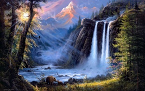 mountain, landscape, river, waterfall, bears