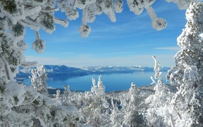 lake, winter, frost, forest, mountain