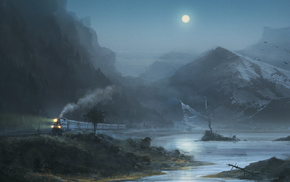 snow, train, forest, mountain, moon