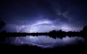 pond, night, lightning, lake, clouds