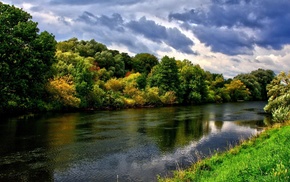 river, forest, sky, clouds, nature