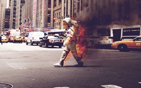 cityscape, astronaut, fire