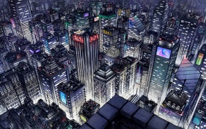 skyscraper, cityscape, night, artwork